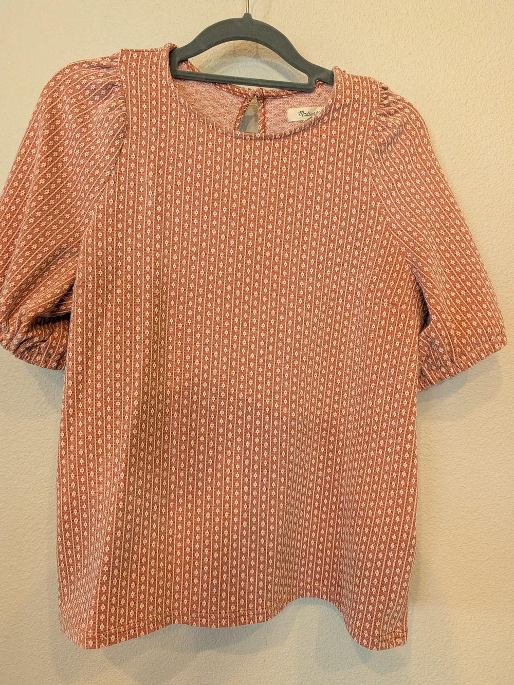 Madewell Jacquard Puff Sleeve Knit Top Soft Terracotta Peach Stripe - Size M